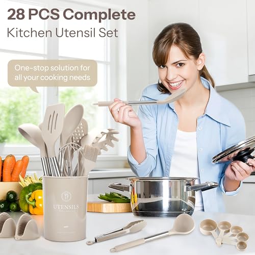 28 Piece Silicone Kitchen Utensils Set with Stainless Steel Handles (28 Count)