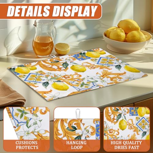 Watercolor Lemon Dish Drying Mat for Kitchen Counter Microfiber Absorbent Dish Kitchen Drying Mat Draining Reusable Washable for Dishes