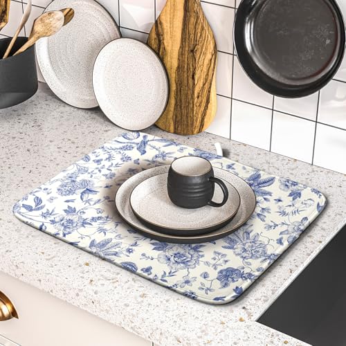 Chinoiserie Flower Dish Drying Mat Blue Leaves Dishes Drying Pad Reusable Washable Kitchen Countertop Protector Dish Drainer Mat 16x18 Inch