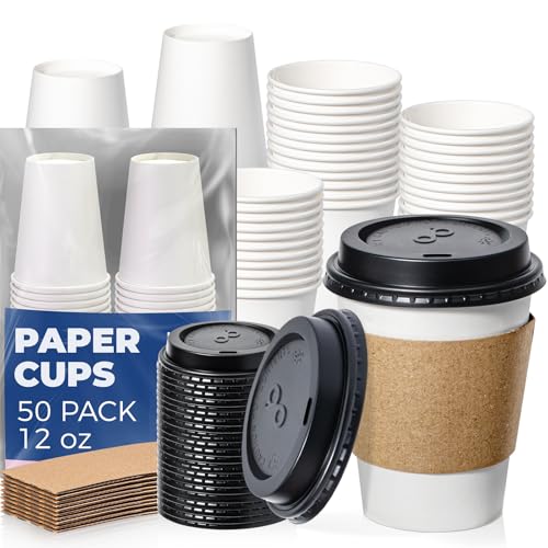 50 Pack 12 oz Disposable Coffee Cups with Lids (50 Count)