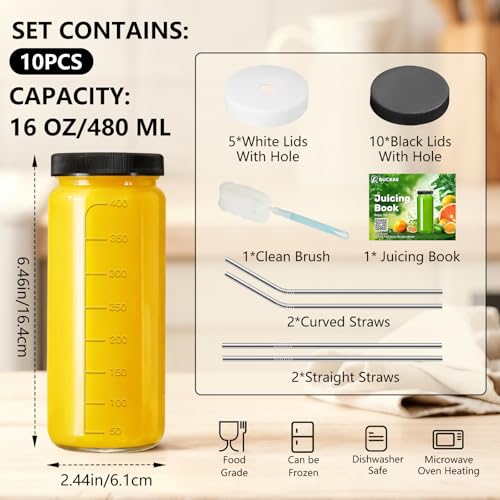10pack 16oz Glass Juice Bottles with Lids & Straws & Juicing Recipe (10 Count)