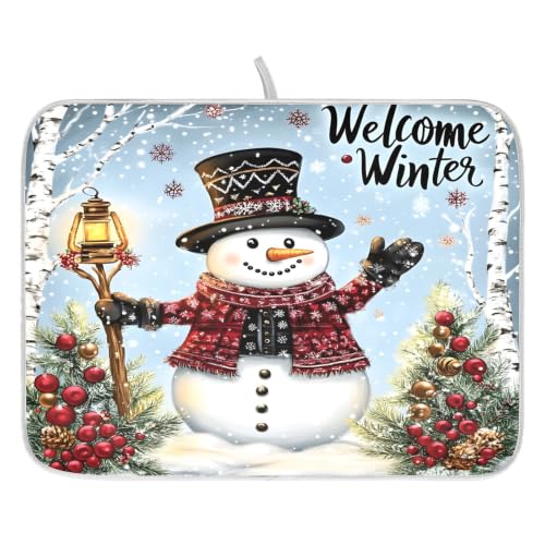 Winter Snowman Christmas Dish Drying Mat for Kitchen Counter Absorbent Microfiber Large Drying Pad Dish mats for Kitchen Countertops 18 x 24 Inch