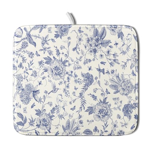 Chinoiserie Flower Dish Drying Mat Blue Leaves Dishes Drying Pad Reusable Washable Kitchen Countertop Protector Dish Drainer Mat 16x18 Inch