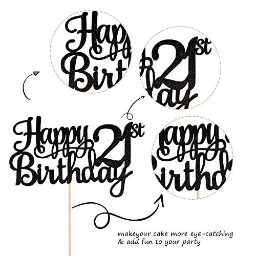 1 PCS Happy 21st Birthday Cake Topper Glitter Cheers to 21 Years Cake Pick 21 Fabulous Cake Decoration for 21st Birthday Party Decorations Supplies Black