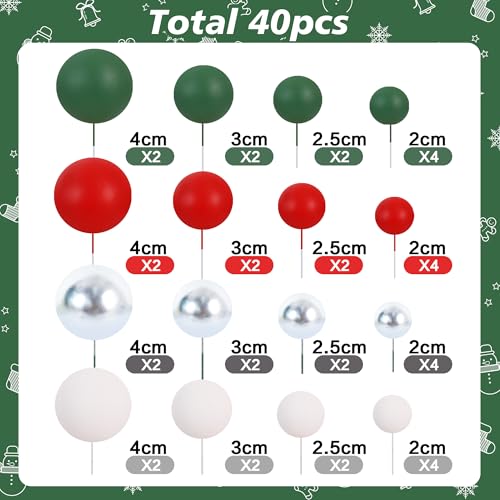 40 Pcs Ball Cake Toppers Red Green White Silver Sticks Foam Balls DIY Cake Topper Insert Balls Cake Decorations for Baking Christmas Party Decorations (40 Count)