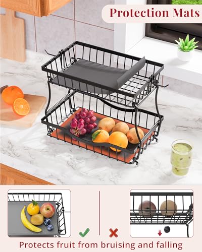 Large 2 Tier Fruit Basket for Kitchen Counter with 2 Banana Hangers