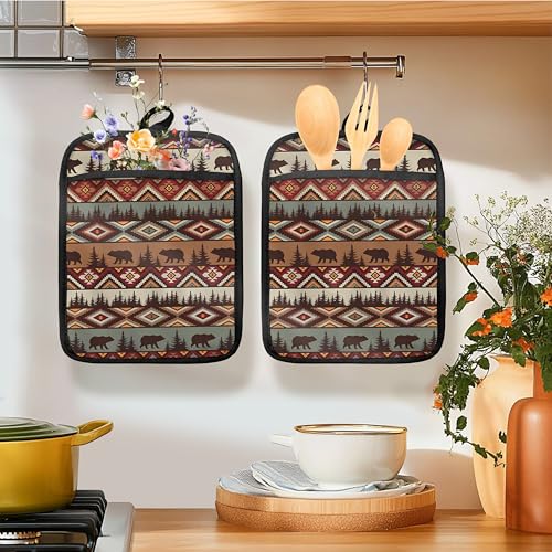 Western Aztec Bear Oven Mitts Set