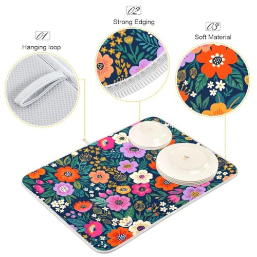 Flower Floral Dish Drying Mat for Kitchen Counter Absorbent Microfiber Drying Pad