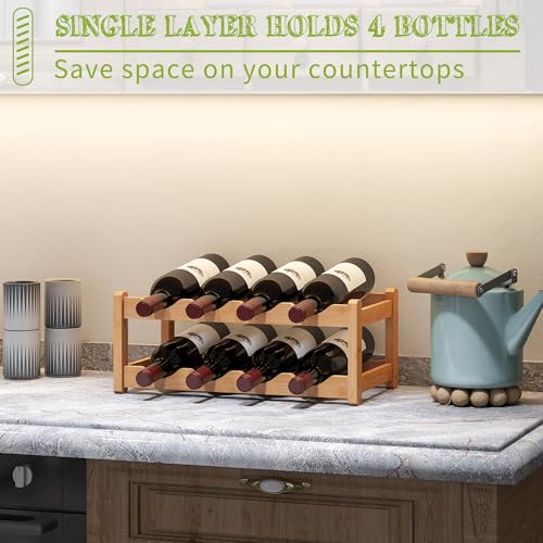 Bamboo Wine Rack Wine Storage Cabinet Shelf 8 Bottle Wine Racks Countertop Sturdy for Kitchen Dining Room Pantry