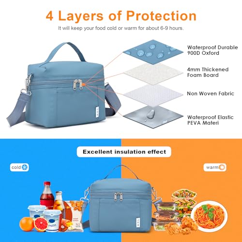 NOL Insulated Lunch Bags for Women Cooler Bag Lightweight Nylon Waterproof Lunch Box for Work Dusty Blue Small 4L