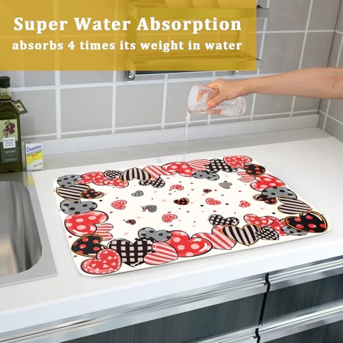 Red Heart Dish Drying Mat 18"x24" Love Dots Microfiber Dish Drainer Rack Mat Holiday Absorbent Fast Dry Pad for Kitchen Counter Home Decor