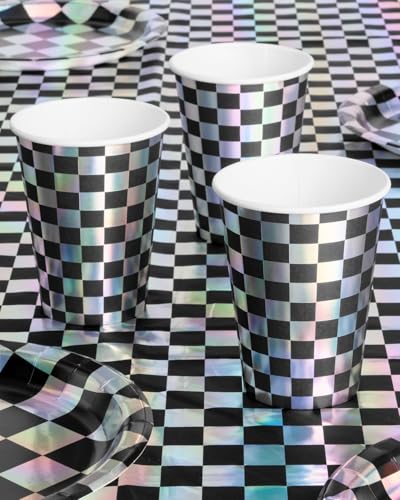 Party Decorations Checkered Black + Iridescent Paper Cups