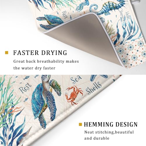 Nautical Coastal Dish Drying Mat Sea Turtle Seahorse Dish Drainer Pad 18"x24" Microfiber Reversible Fast Dry Pad for Kitchen Counter Decor