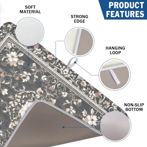 Boho Floral Dish Drying Mat Grey Leaves Dishes Drainer Pad 18x24 Inch Microfiber Absorbent Kitchen Dry Rack Mat for Counter Tableware Decor