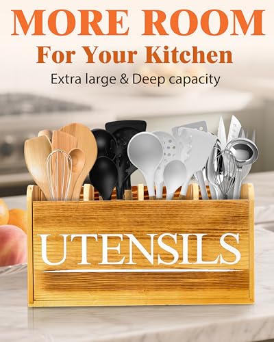 Kitchen Utensil Holder for Kitchen Counter Large Wooden Organizer for Cooking Utensils Utensil Holder Counter Farmhouse Décor