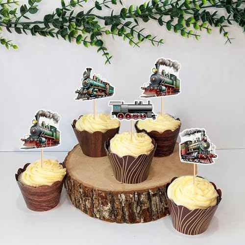 24Pcs Train Transportation Cupcake Toppers Vintage Locomotiv Cupcake Picks for Retro Train Boys Girls Birthday Party Baby Shower Cupcake Decorations Train Transportation Party Decors