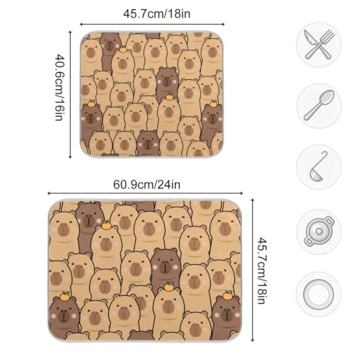 Cute Capybara Orange Dish Drying Mat for Kitchen Counter Absorbent Microfiber Drying Pad