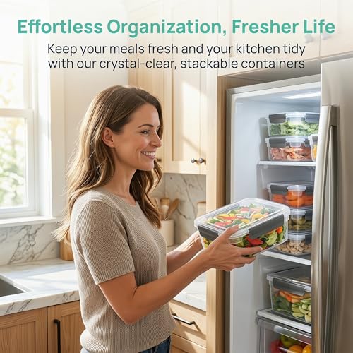 9 cup Plastic Food Storage Containers with Lids Nestable Freezer Dishwasher Safe Rectangle Meal Prep Container Set