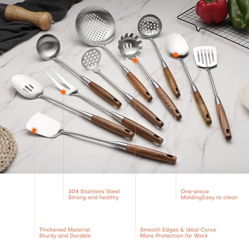 10 Pcs Cooking Utensils Set 304 Stainlss Steel Kitchen Utensils Set Heat Resistant Wooden Handle Kitchen Tools Metal Kitchen Utensil Soup Ladle Set (10 Count)