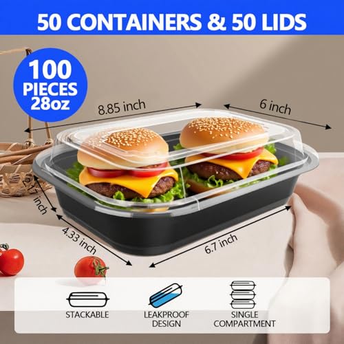 50 Pack (100-Piece) - 28oz Meal Prep Containers Salad & Snack Storage for Lunch | BPA Free & Leakproof Food Containers | To Go Take Out Plastic Bento Box | Microwave, Freezer, Dishwasher Safe (50 Count)