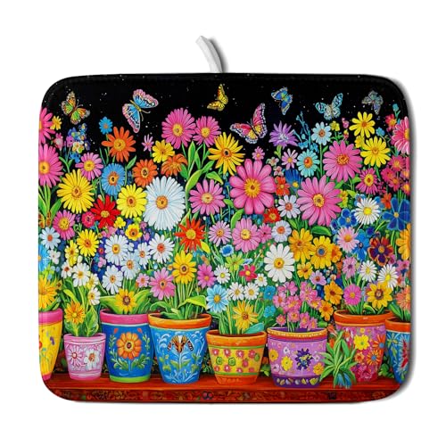 Colorful Floral Dish Drying Mat 16 X 18 Black Spring Flowers Absorbent Microfiber Kitchen Decor Counter Mats