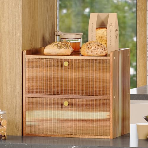 Acacia Bread Box for Kitchen Countertop Wood Bread Storage Container Bin Double Layer BreadBox Farmhouse Large Capacity Food Organizer