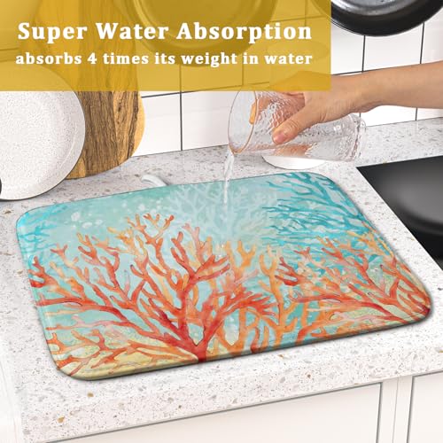 Coastal Coral Dish Drying Mat Beach Ocean Drainer Rack Mat 16x18 Inch Microfiber Absorbent Reversible Dish Dry Pad for Kitchen Counter Sink