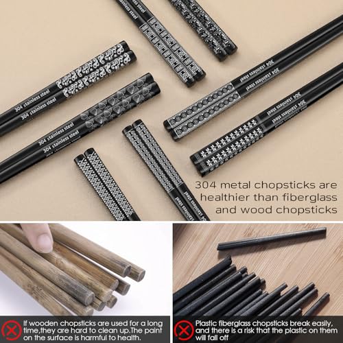 8 Pairs Metal Chopsticks Reusable Black Stainless Steel Chopsticks Set Laser Engraved Non (8 Count)