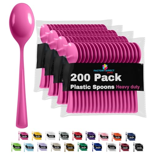 Party Solids Disposable Hot Pink Plastic Spoons 200 Pcs (200 Count)