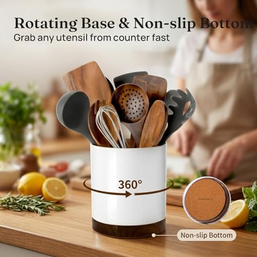 Ceramic Rotating Utensil Holder for Countertop Kitchen Organizer White