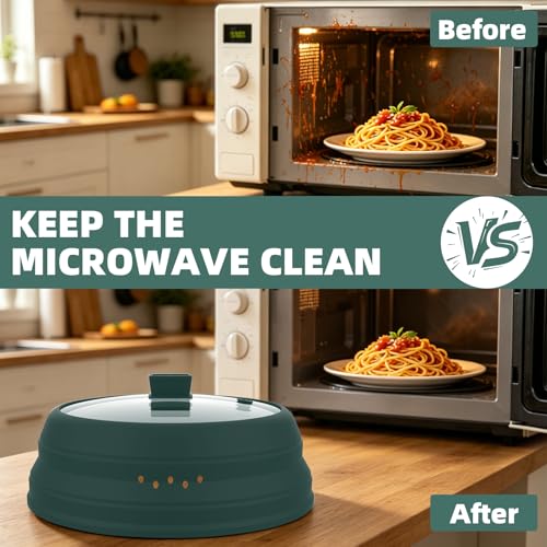 Microwave Splatter Cover Glass Cover Guard Lid with Collapsible Silicone for Food Pot Plate Cover 11.8 inch Dark Green