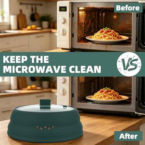 Microwave Splatter Cover Glass Guard Lid with Collapsible Silicone for Food Pot Plate Cover 9.8 inch Dark Green