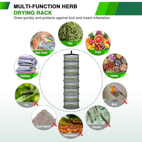 8 Layer Herb Drying Rack Hanging Mesh Foldable Plant Drying Racks 24" w Green Zipper Pruning Shears Gloves Dryer Hanging Rack for Herbs Seed Bud Fruit Clothes Grow Tent Closets Garden Outdoor