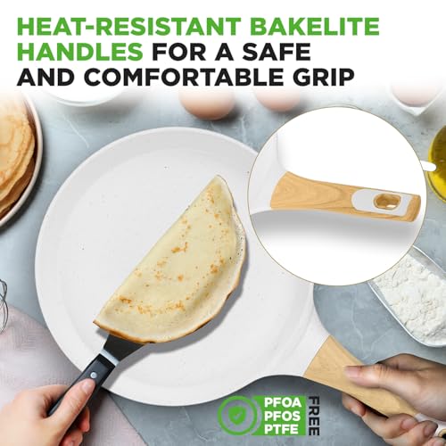 2-Pack Non-Stick Crepe Pan Set – 11” Marble Coated Dosa Pans with Wooden Spreaders, Bakelite and Wood Handles, Induction-Compatible, Easy-to-Clean, Stain-Resistant, White Cream Marble (2 Count)