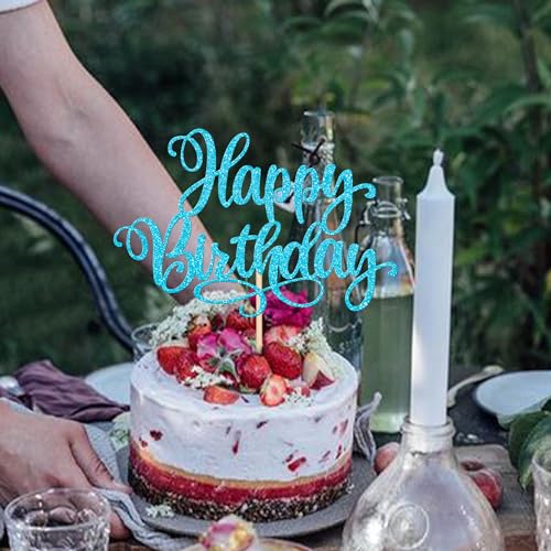 1 PCS Happy Birthday Cake Topper Glitter Cake Pick for Celebrating Anniversary Party Cake Decorations Supplies Lake Blue