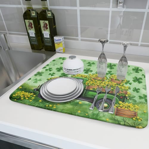 Holiday Dish Drying Mat for Kitchen Counter（Green Lucky Truck）