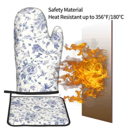 Chinoiserie Flower Oven Mitts and Pot Holder Blue Leaves Heat Resistant 2Pcs Washable Oven Gloves Hot Pads for Kitchen Baking Grilling BBQ
