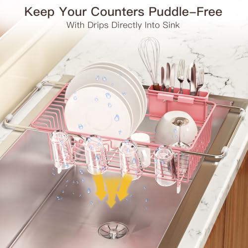 Pink Expandable Dish Drying Rack Over Sink with Anti