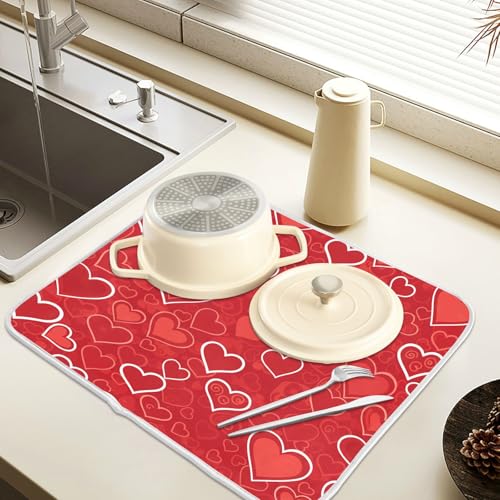 Red Hearts Cute Dish Drying Mat for Kitchen Counter Absorbent Microfiber Small Drying Pad Dish Mats for Kitchen Countertops 16 x 18 Inch