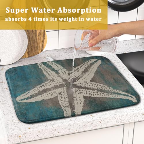 Vintage Starfish Dish Drying Mat Coastal Beachy Nautical Drainer Rack Mat 16"x18" Absorbent Washable Dish Dry Pad for Kitchen Counter Sink