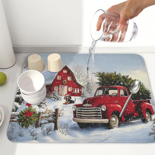 Red Truck Dish Drying Mat Winter Xmas Tree Drainer Rack Pad 16"x18" Microfiber Absorbent Quick Dry Dish Sink Mat for Table Kitchen Counter