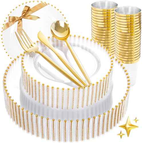 180pcs Clear Gold Plastic Dinnerware Set for Wedding Party (180 Count)