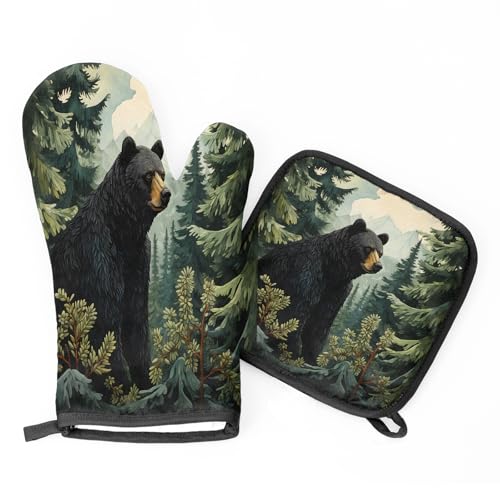 Black Bear Forest Wild Animals Oven Mitts and Pot Holders Sets (2 Count)
