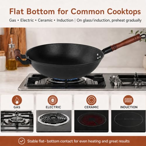 Cast Iron Wok Pan with Wooden Lid