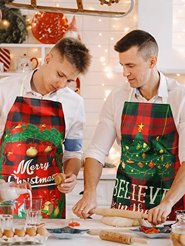 4 Pcs 21.7" x 26.8" Christmas Aprons Adjustable Kitchen Aprons Xmas Plaid Merry Christmas Bib for Adults (4 Count)