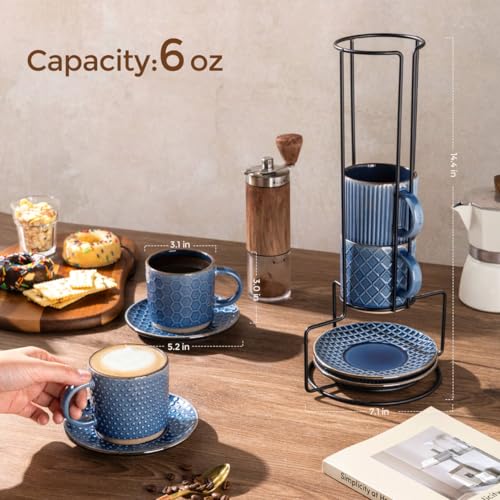 6 OZ Coffee Mugs with Saucer and Stand (4 Count)