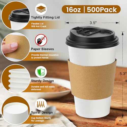 500 Pack 16 oz Disposable Coffee Cups With Lids and Sleeves (500 Count)