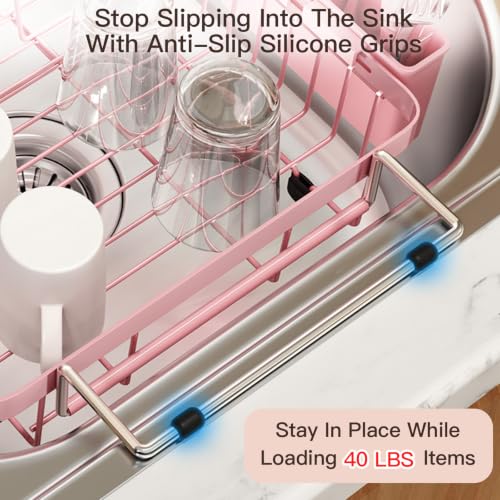 Pink Expandable Dish Drying Rack Over The Sink with Anti Slip Grip