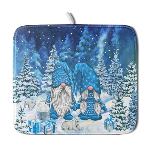 Winter Blue Gnome Dish Drying Mat for Kitchen Counter Pine Tree Microfiber Dish Pad Absorbent Reversible Fast Dry Draining Mats 16x18 Inch