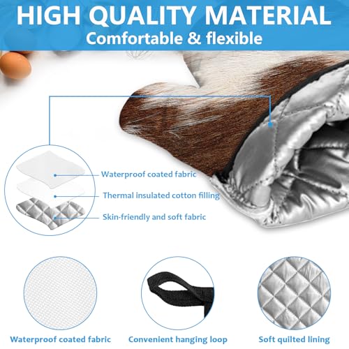 Brown Cow Print Oven Mitts and Pot Holders Sets Heat Resistant 4Pcs Potholders Oven Gloves Hot Pads for Kitchen Baking Cooking Grilling BBQ (4 Count)